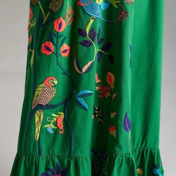 Anthropologie Strapless Embroidered Maxi Dress Green Tropical Botanical Smocked - Picture 5 of 9
